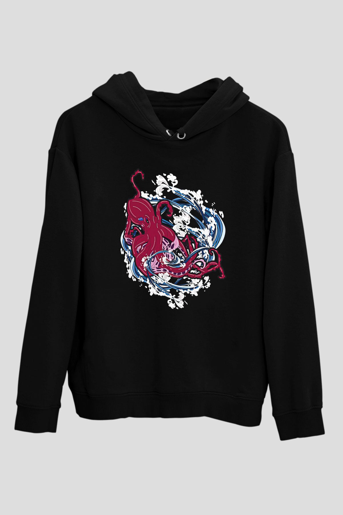 Ahtapot Baskılı Unisex Siyah Hoodie