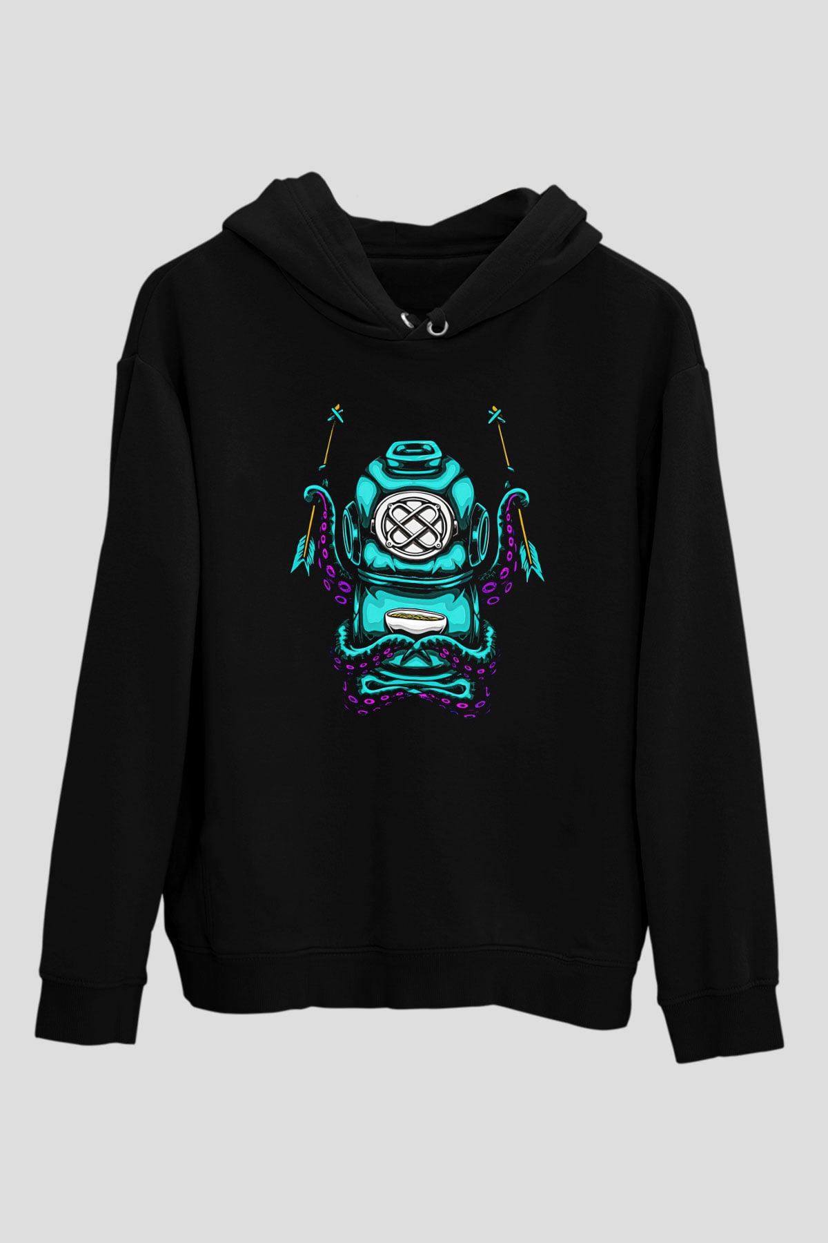 Ahtapot Baskılı Unisex Siyah Hoodie