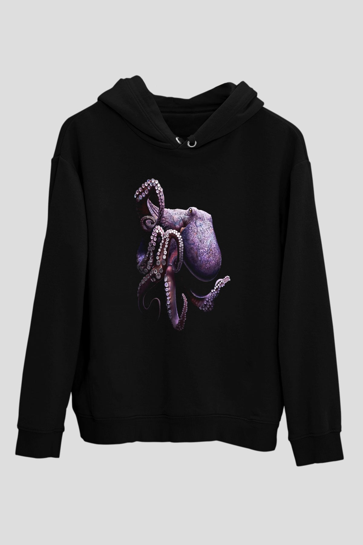 Ahtapot Baskılı Unisex Siyah Hoodie