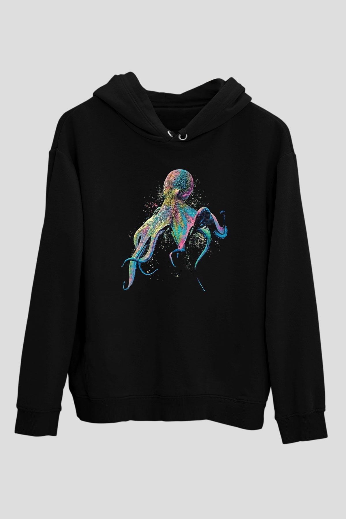 Ahtapot Baskılı Unisex Siyah Hoodie