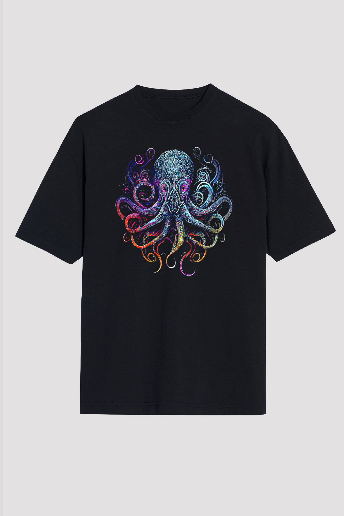 Ahtapot Baskılı Unisex Siyah Oversize Tişört - Tshirt