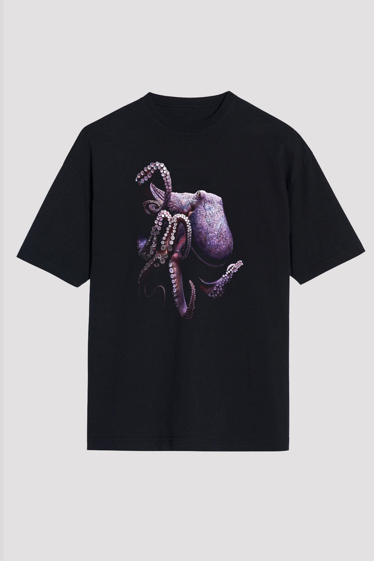 Ahtapot Baskılı Unisex Siyah Oversize Tişört - Tshirt