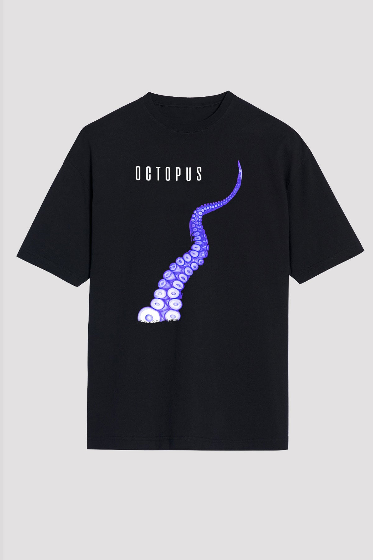 Ahtapot Baskılı Unisex Siyah Oversize Tişört - Tshirt