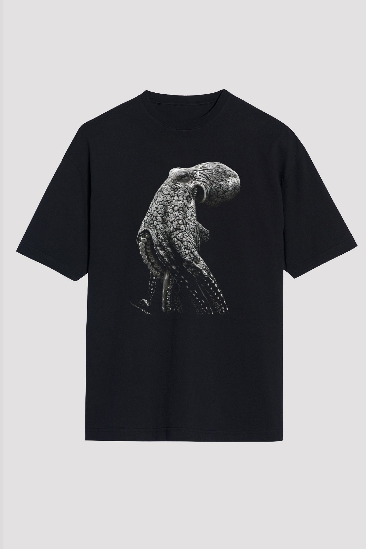 Ahtapot Baskılı Unisex Siyah Oversize Tişört - Tshirt