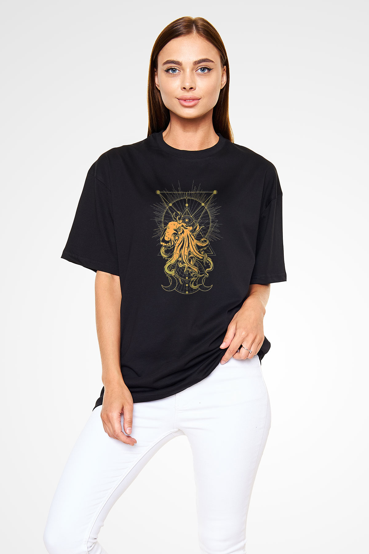 Ahtapot Baskılı Unisex Siyah Oversize Tişört - Tshirt