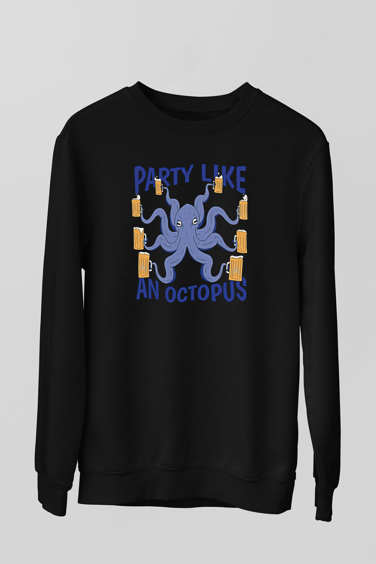 Ahtapot Baskılı Unisex Siyah Sweatshirt