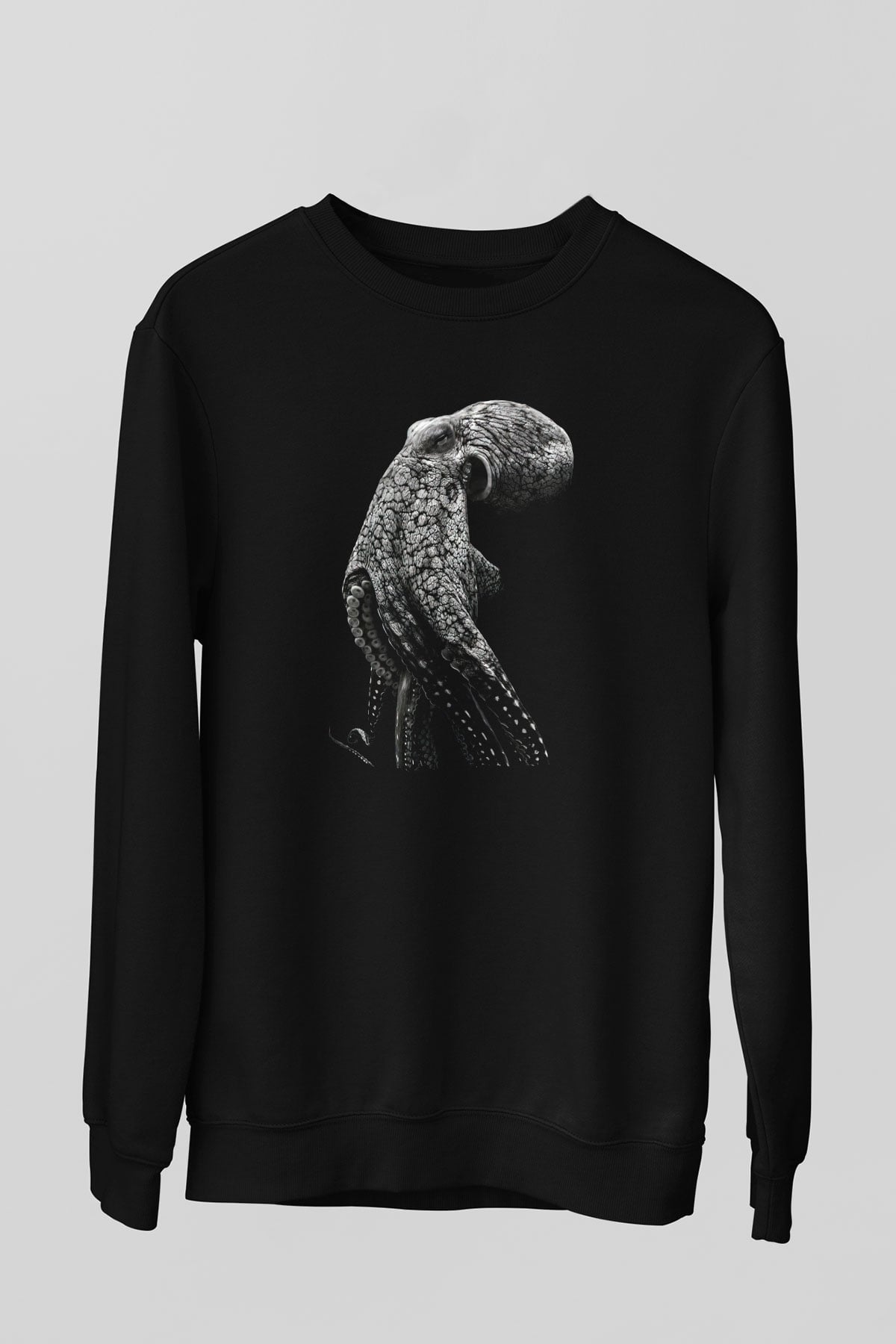 Ahtapot Baskılı Unisex Siyah Sweatshirt