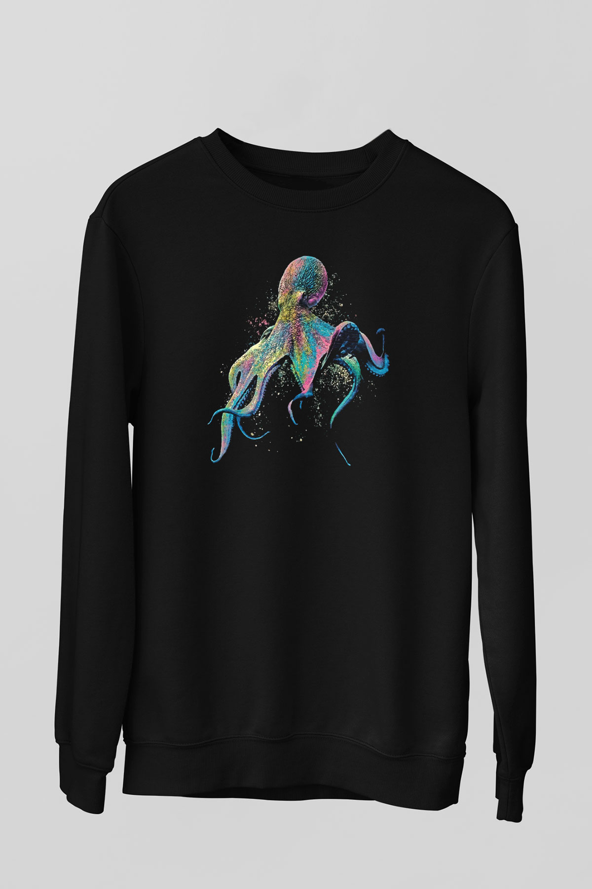 Ahtapot Baskılı Unisex Siyah Sweatshirt