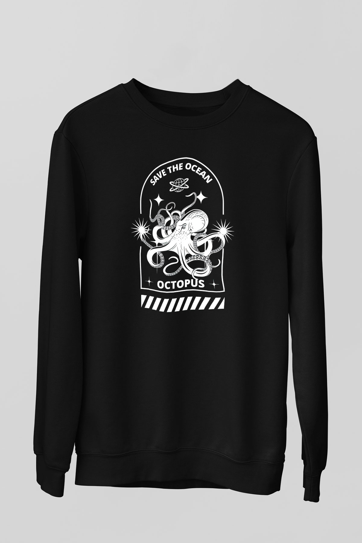 Ahtapot Baskılı Unisex Siyah Sweatshirt