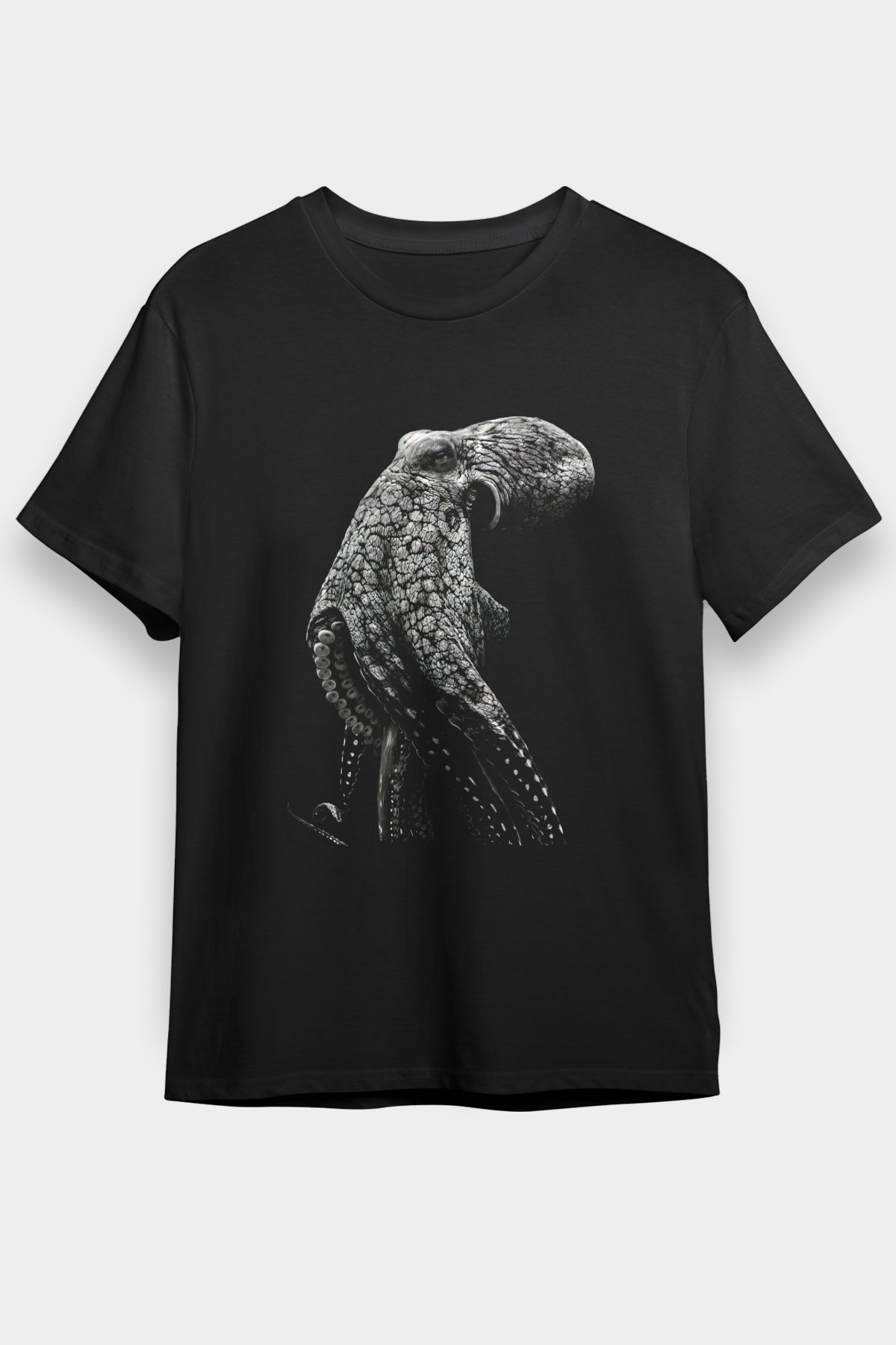 Ahtapot Baskılı Unisex Siyah Tişört - Tshirt