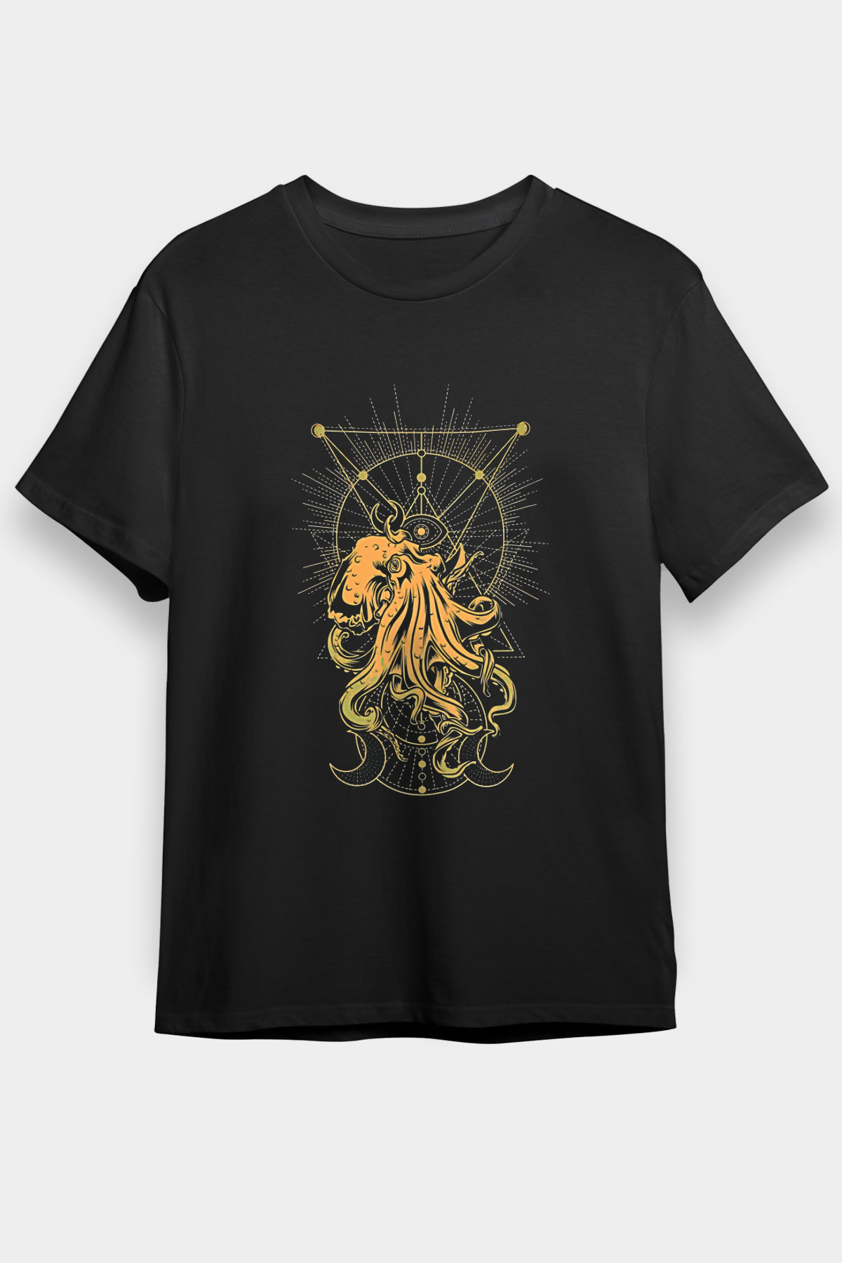 Ahtapot Baskılı Unisex Siyah Tişört - Tshirt