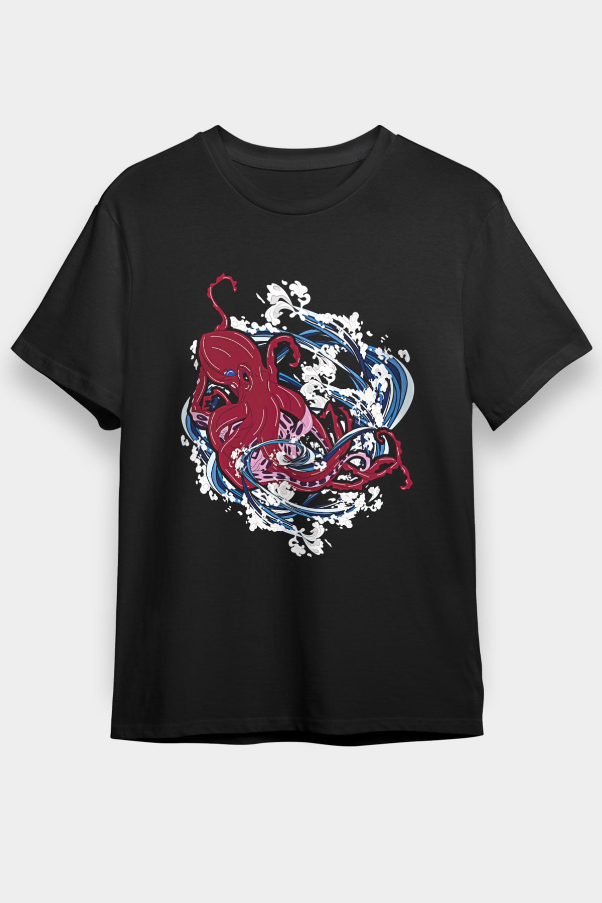 Ahtapot Baskılı Unisex Siyah Tişört - Tshirt
