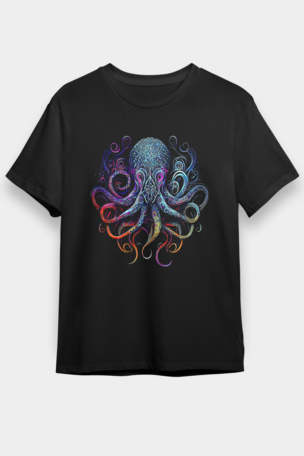 Ahtapot Baskılı Unisex Siyah Tişört - Tshirt