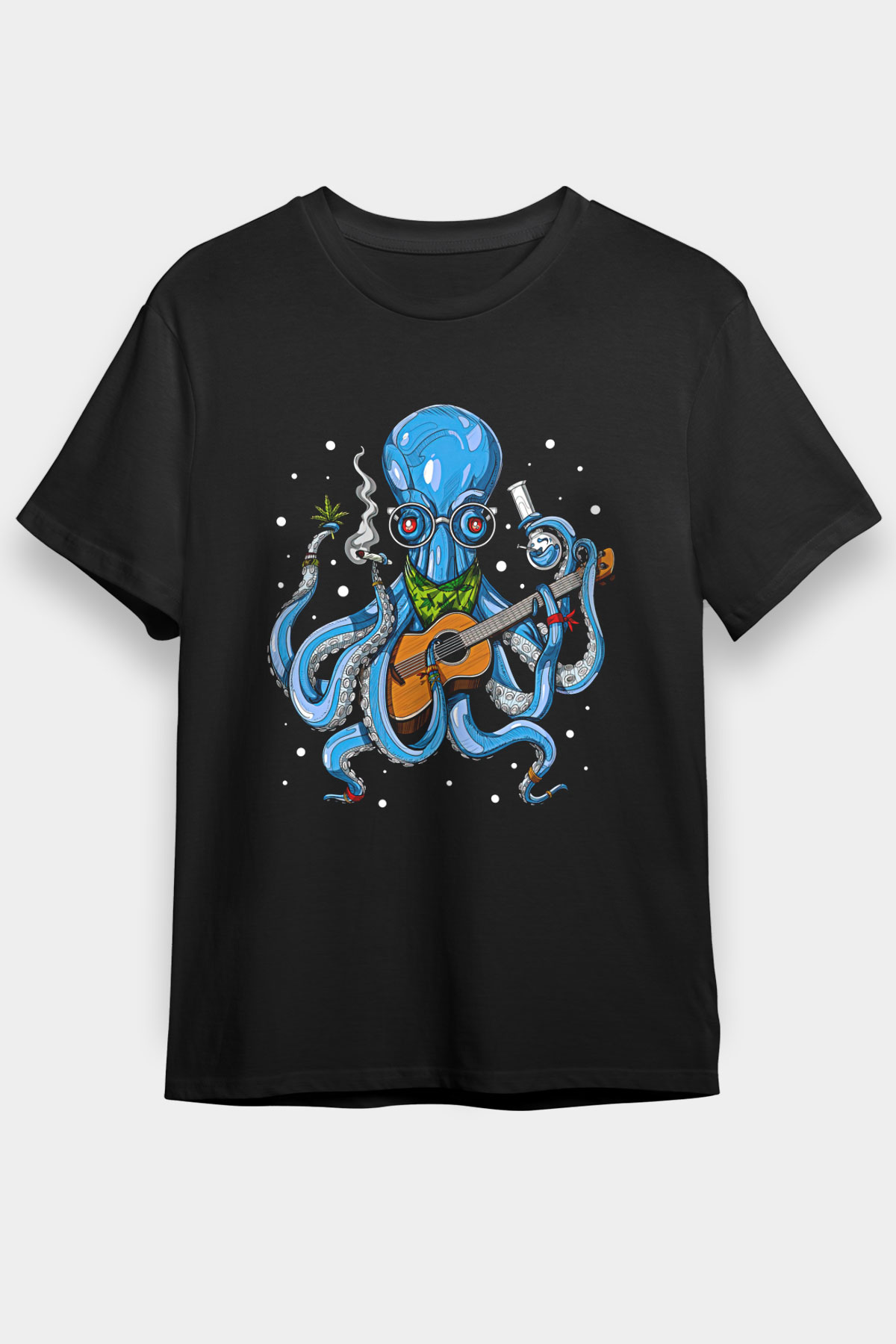 Ahtapot Baskılı Unisex Siyah Tişört - Tshirt
