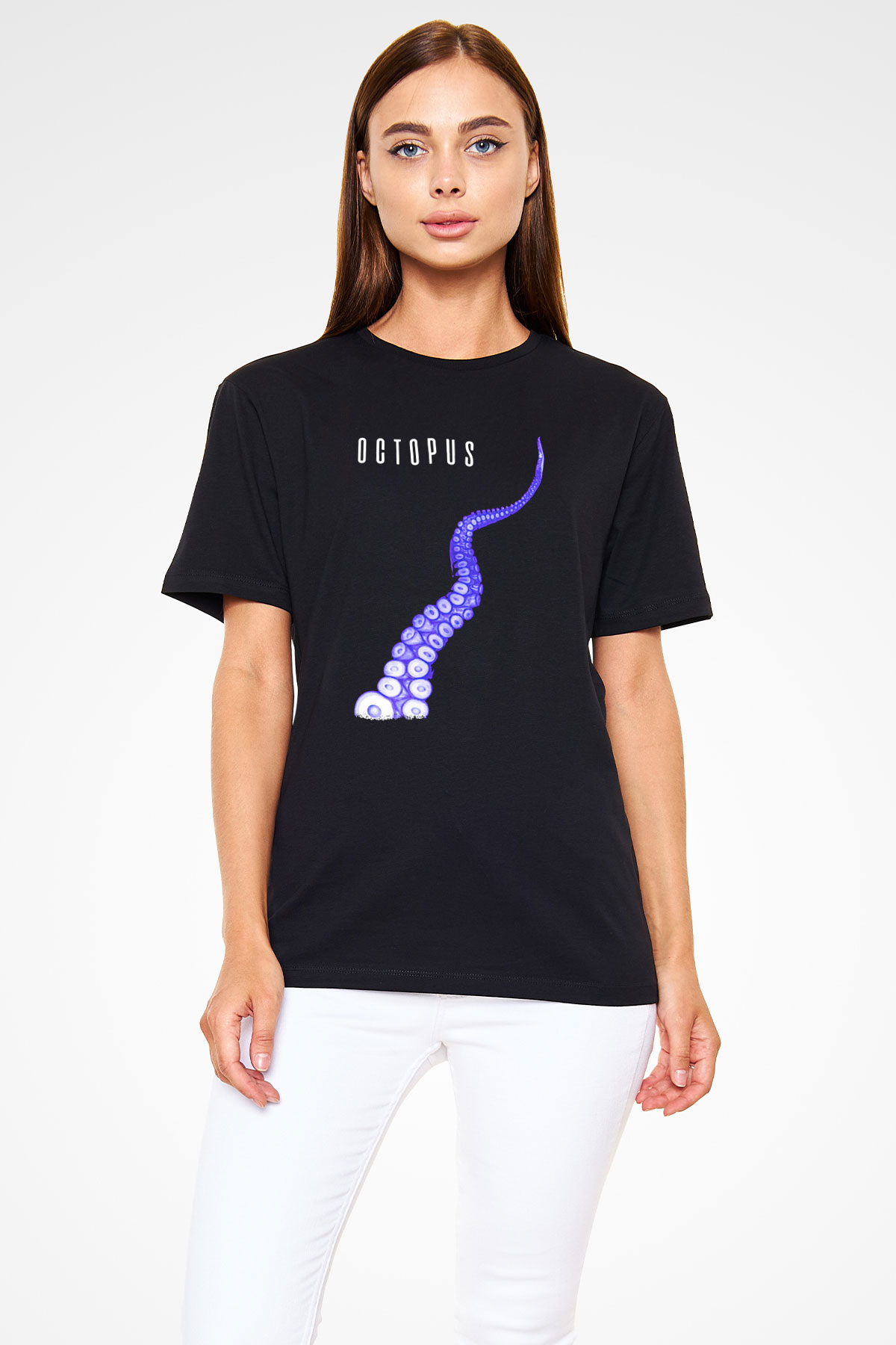 Ahtapot Baskılı Unisex Siyah Tişört - Tshirt