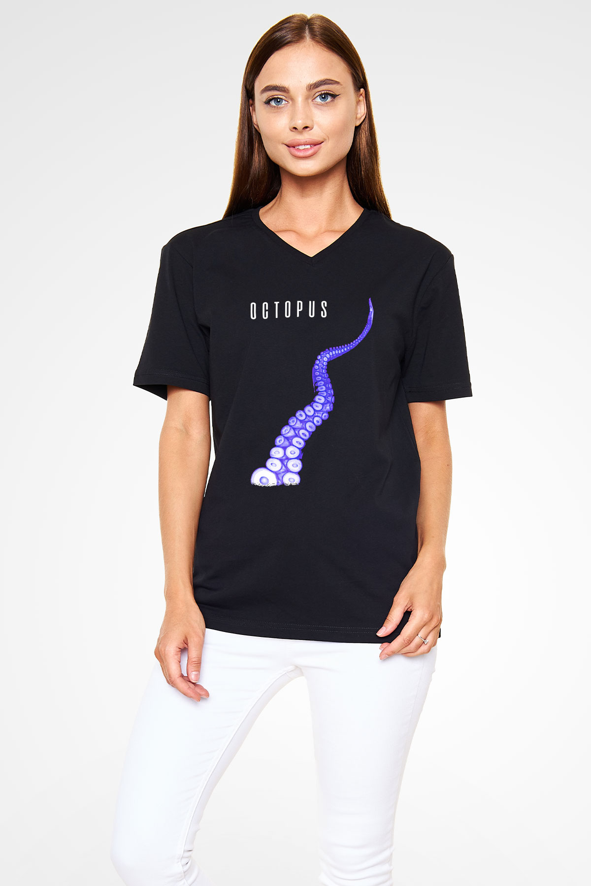Ahtapot Baskılı Unisex Siyah V Yaka Tişört - Tshirt