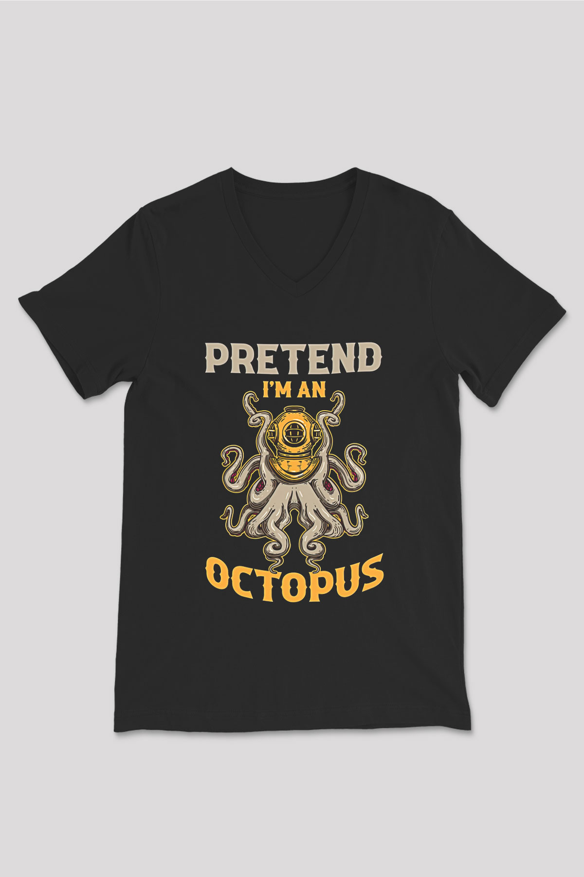 Ahtapot Baskılı Unisex Siyah V Yaka Tişört - Tshirt