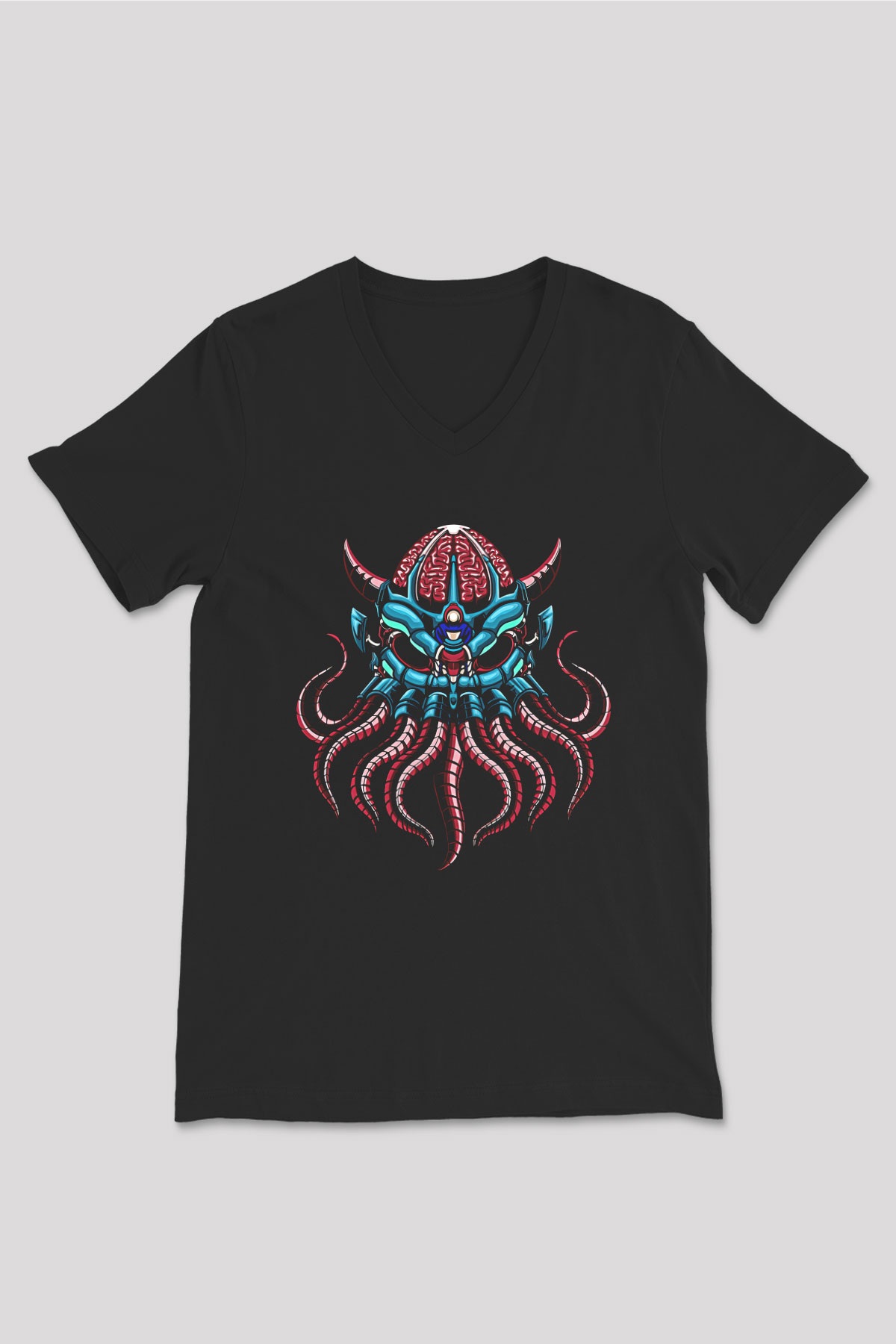 Ahtapot Baskılı Unisex Siyah V Yaka Tişört - Tshirt