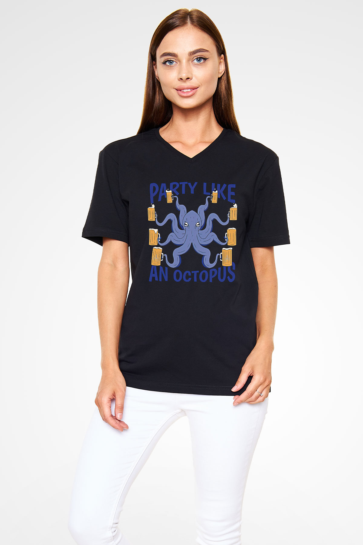 Ahtapot Baskılı Unisex Siyah V Yaka Tişört - Tshirt