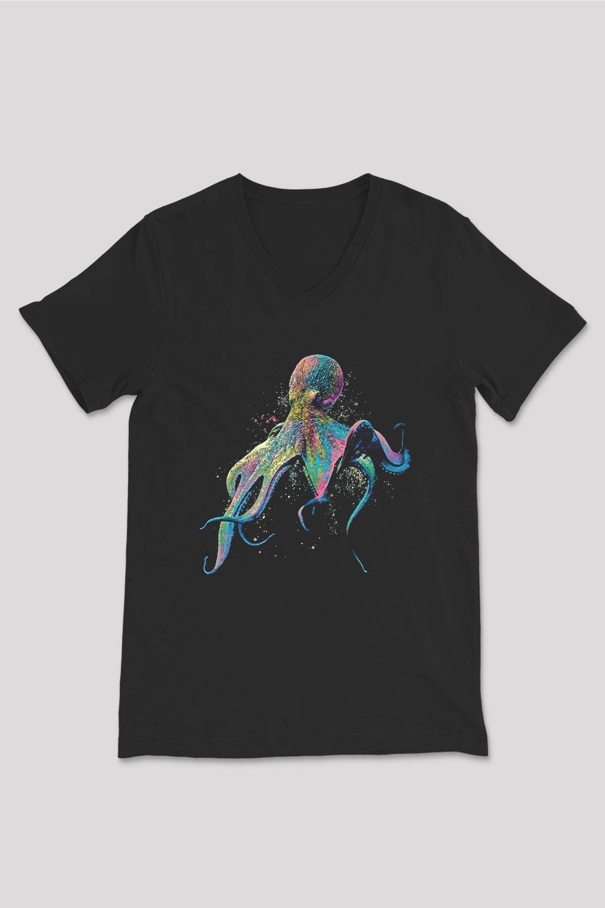 Ahtapot Baskılı Unisex Siyah V Yaka Tişört - Tshirt