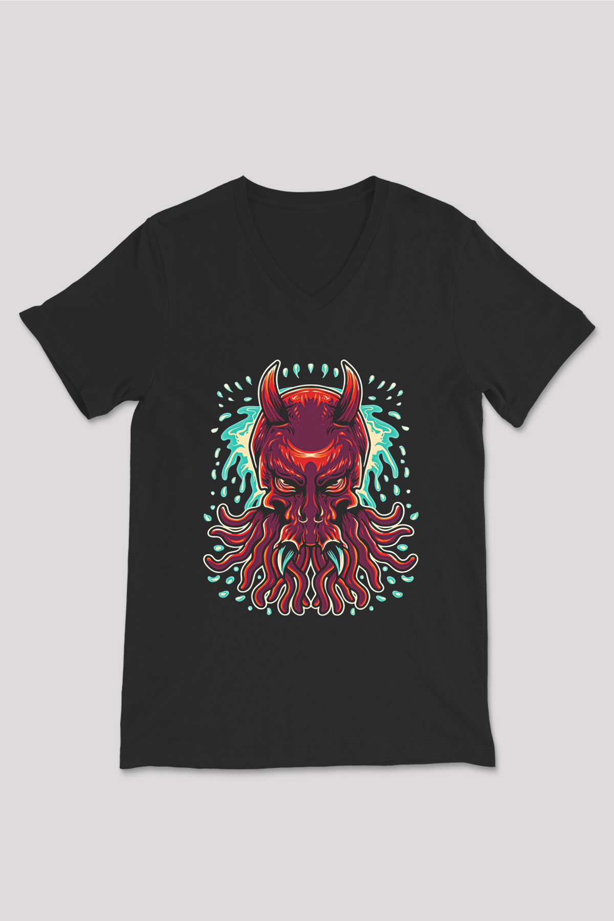 Ahtapot Baskılı Unisex Siyah V Yaka Tişört - Tshirt