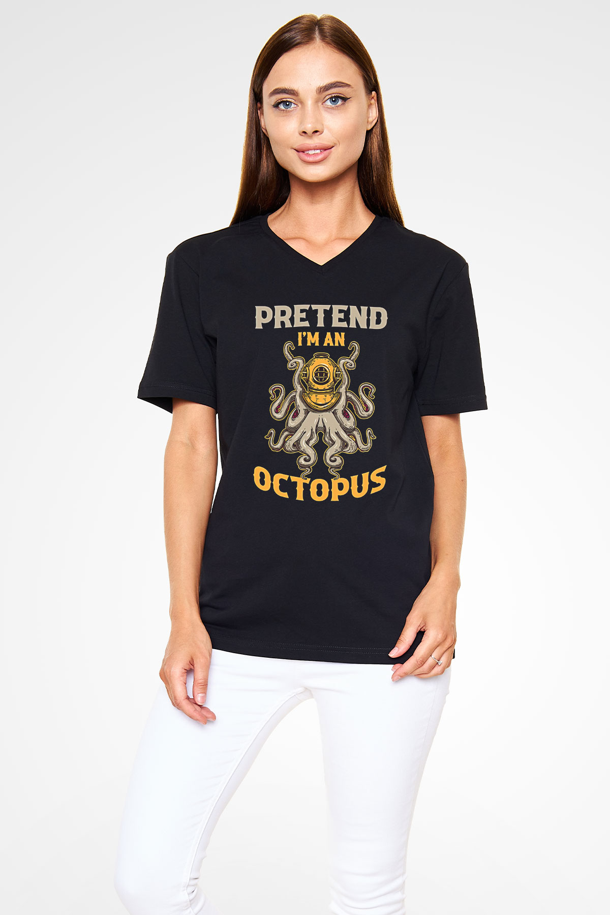 Ahtapot Baskılı Unisex Siyah V Yaka Tişört - Tshirt