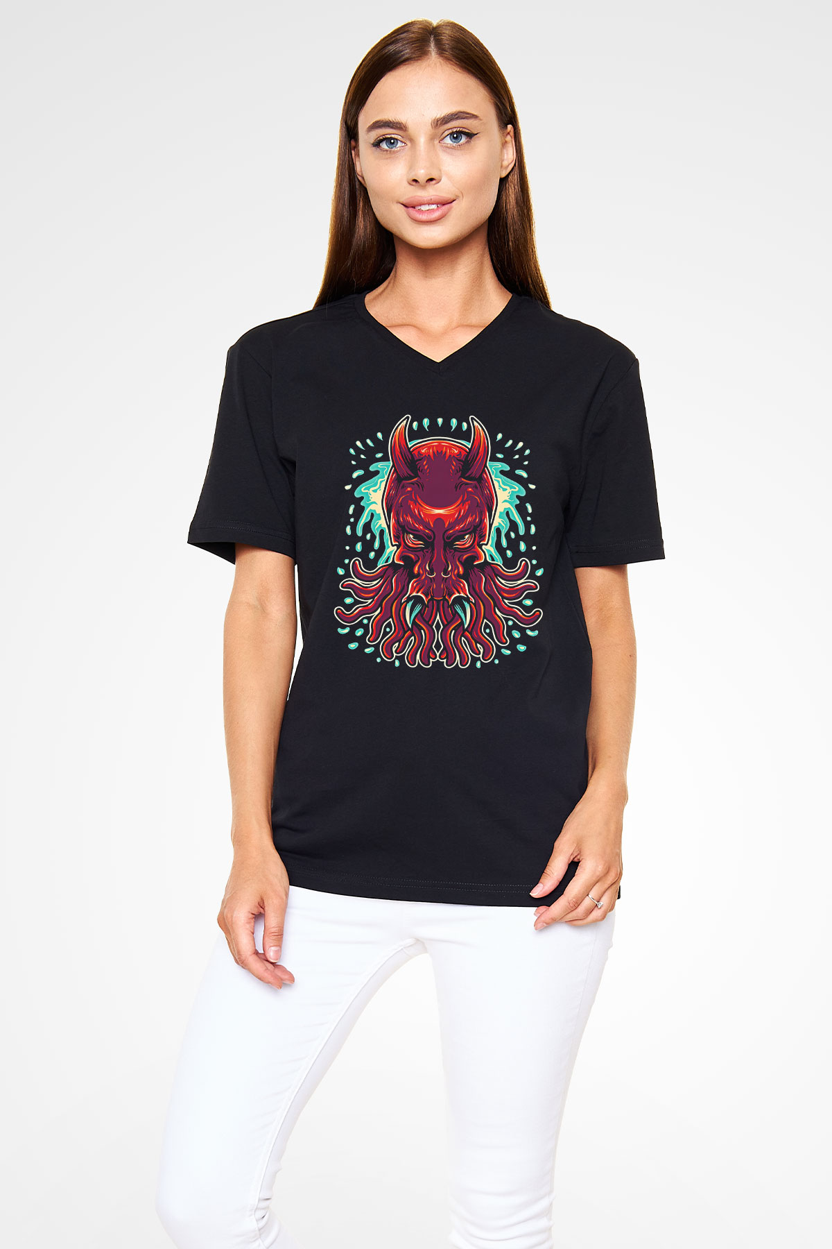 Ahtapot Baskılı Unisex Siyah V Yaka Tişört - Tshirt