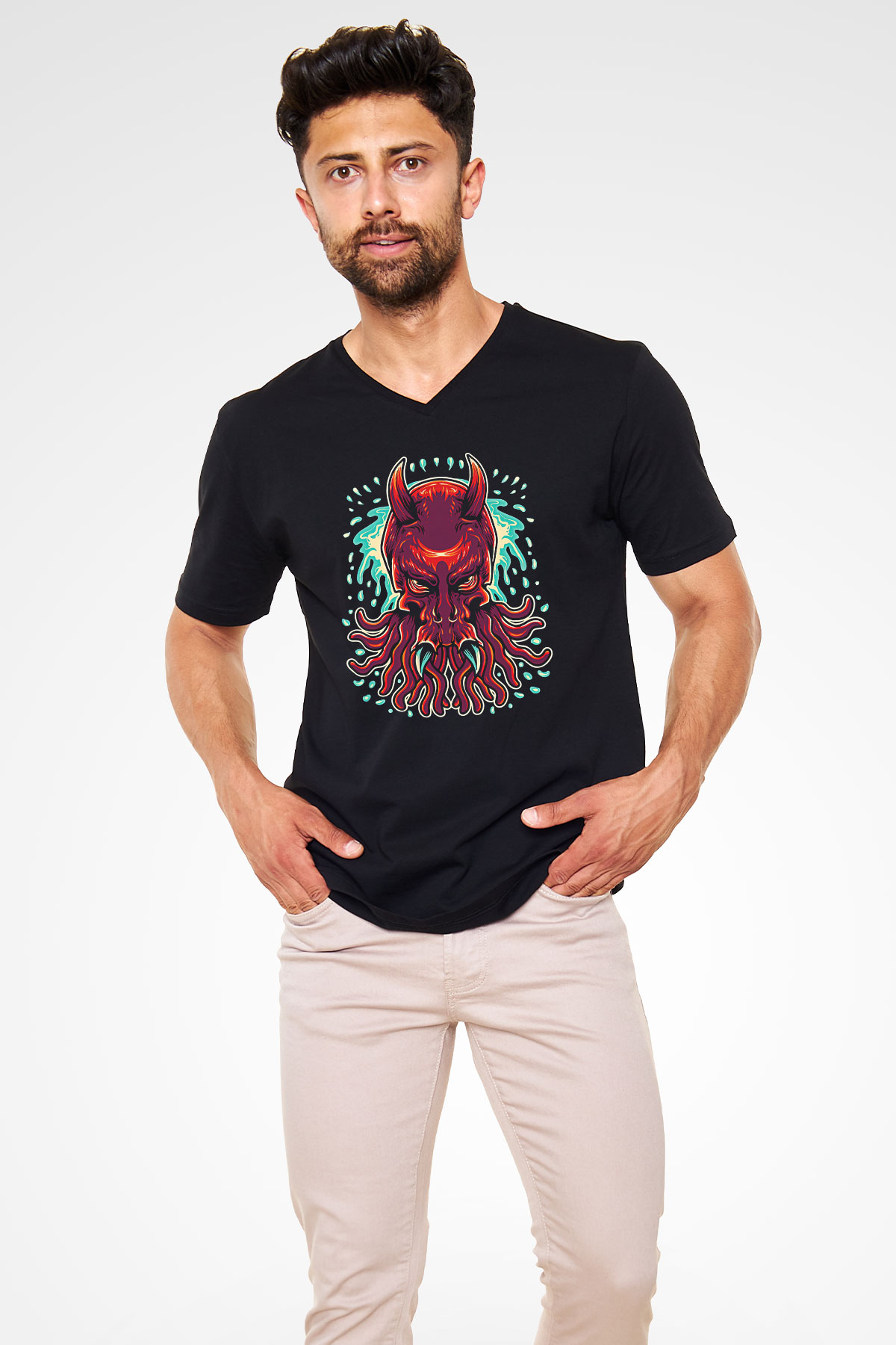 Ahtapot Baskılı Unisex Siyah V Yaka Tişört - Tshirt