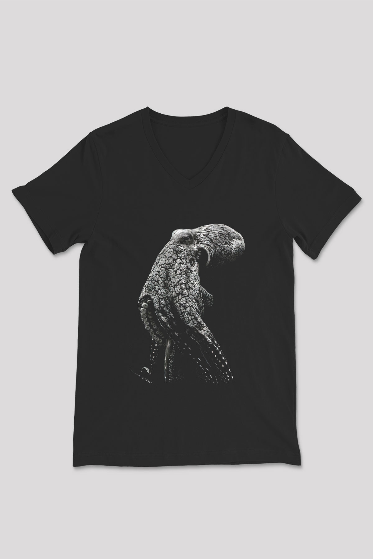 Ahtapot Baskılı Unisex Siyah V Yaka Tişört - Tshirt