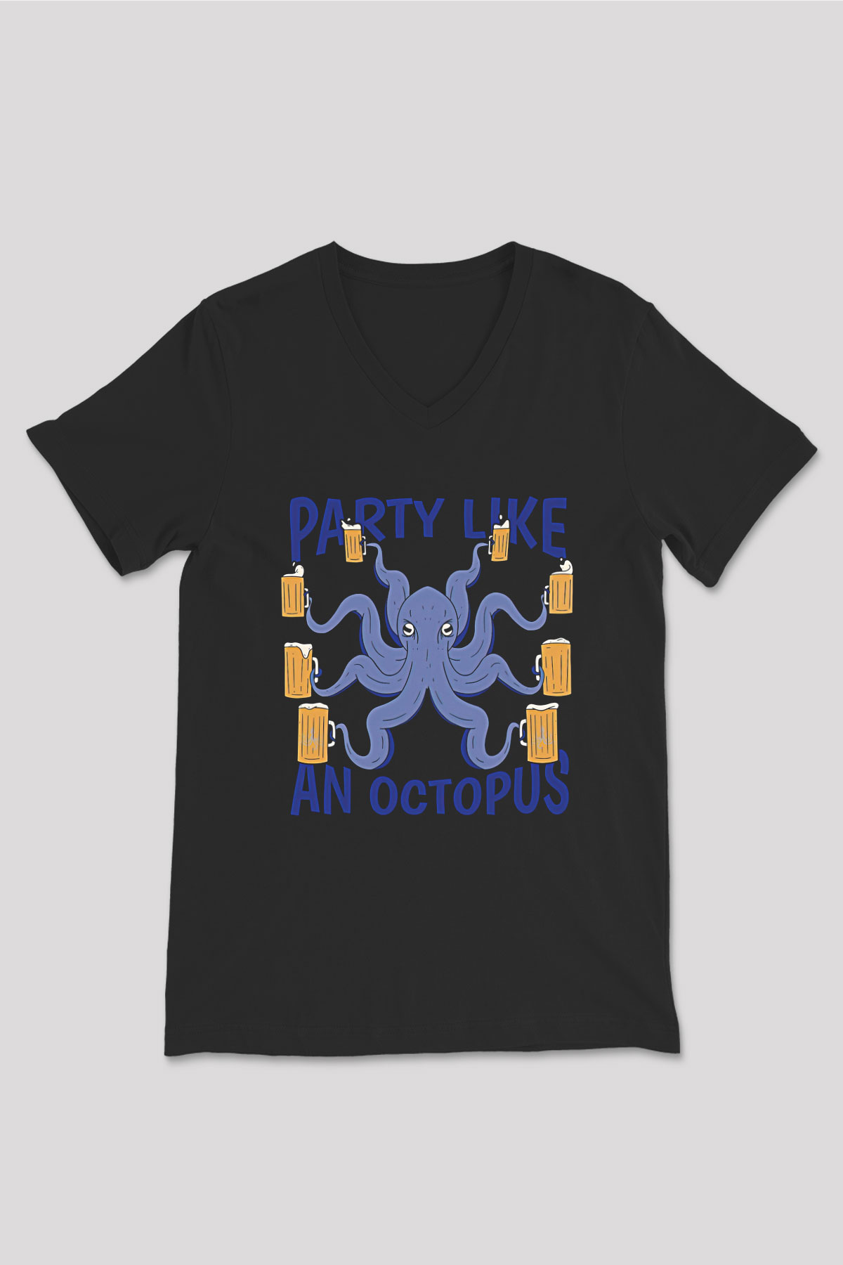 Ahtapot Baskılı Unisex Siyah V Yaka Tişört - Tshirt