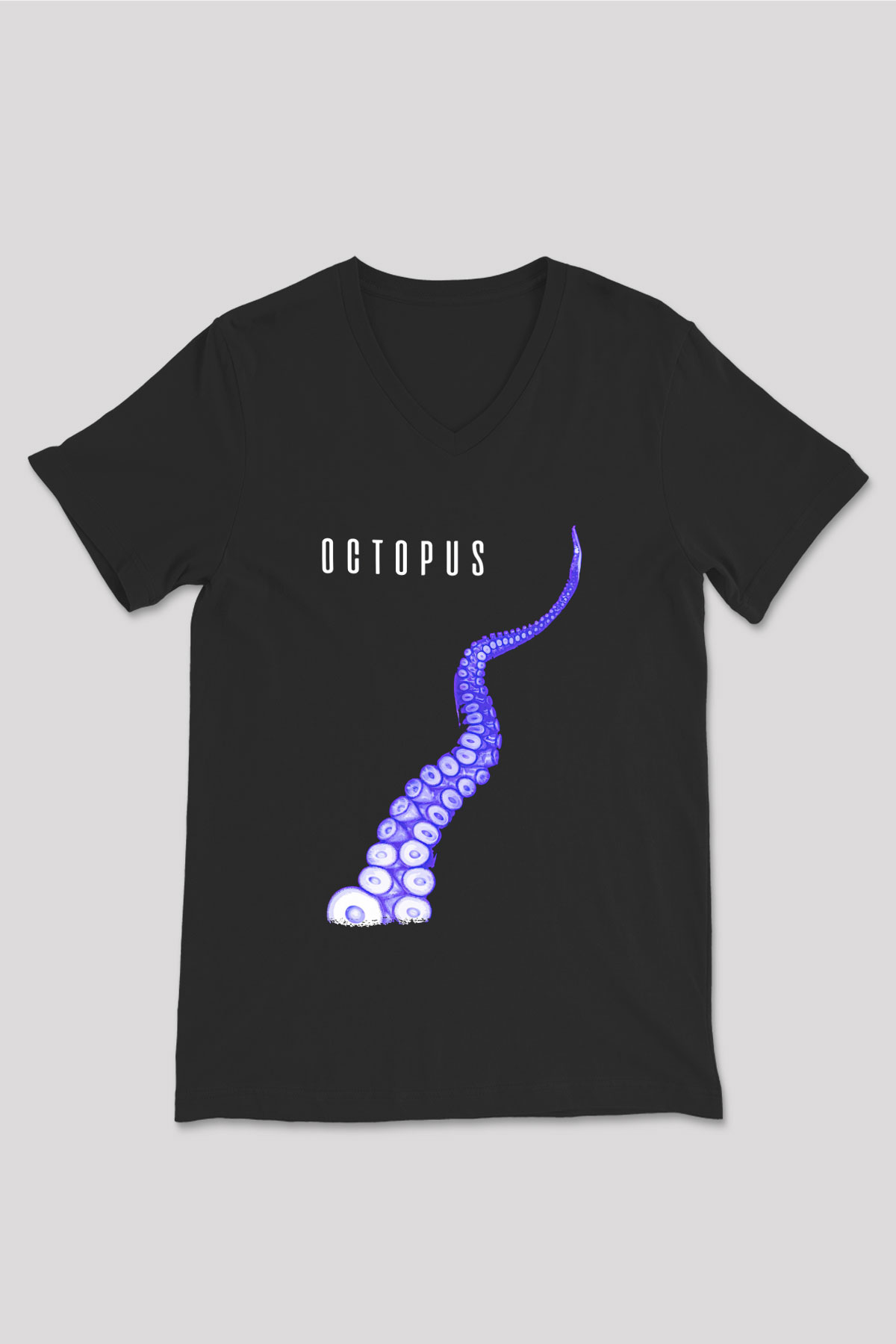 Ahtapot Baskılı Unisex Siyah V Yaka Tişört - Tshirt