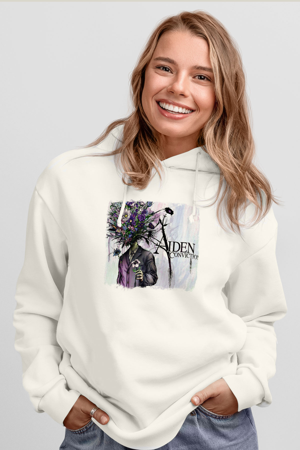 Aiden Baskılı Unisex Beyaz Hoodie