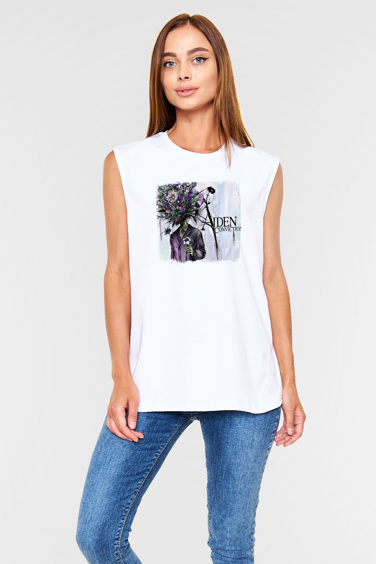 Aiden Baskılı Unisex Beyaz Kolsuz Tişört