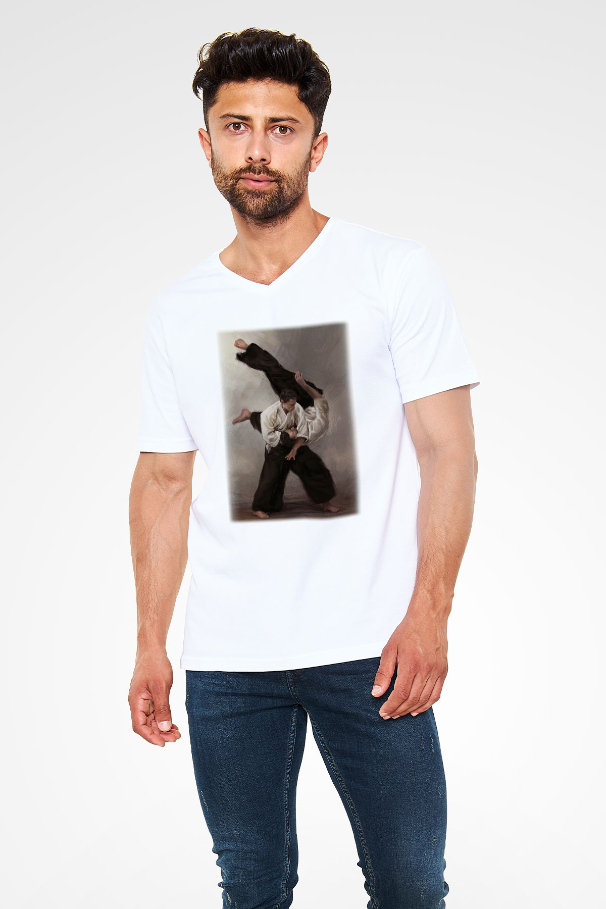 Aikido Baskılı Unisex Beyaz  V Yaka Tişört