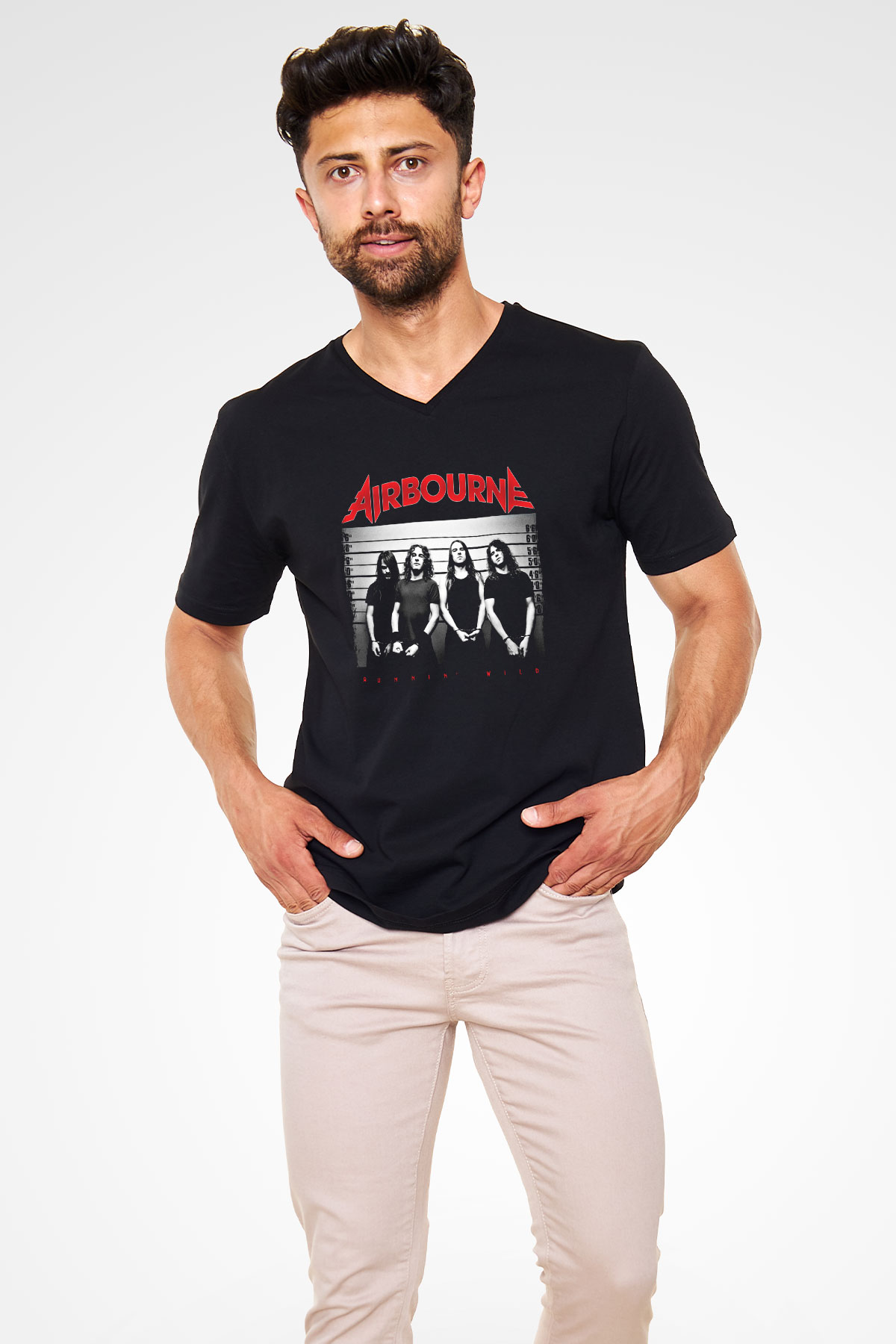 Airbourne Baskılı Unisex Siyah V Yaka Tişört