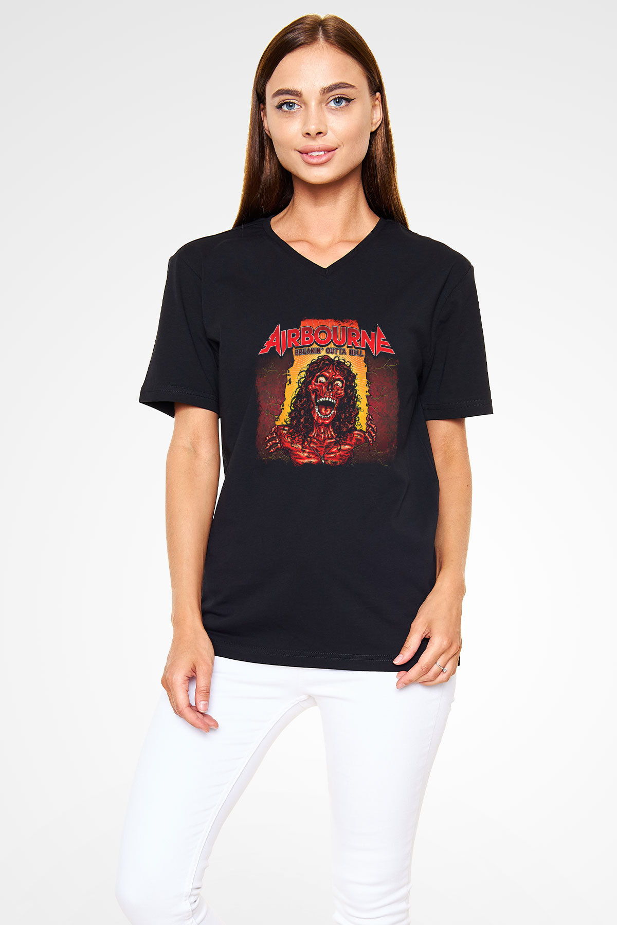 Airbourne Baskılı Unisex Siyah V Yaka Tişört