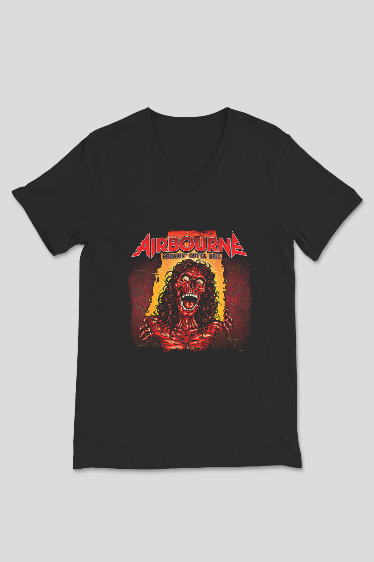 Airbourne Baskılı Unisex Siyah V Yaka Tişört