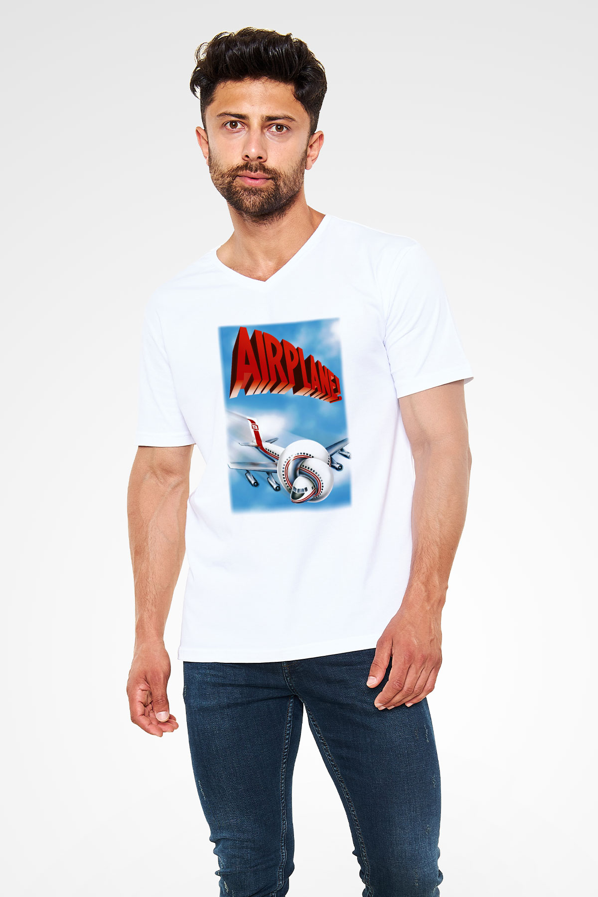 Airplane Beyaz Unisex V Yaka Tişört