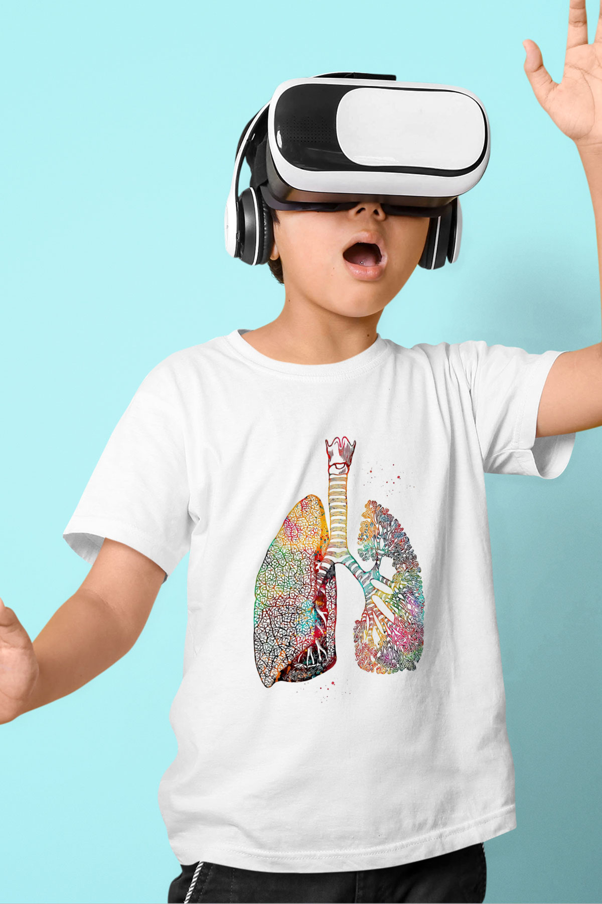 Akciğerler Renkli Baskılı Unisex Beyaz Çocuk Tişörtü - Tshirt