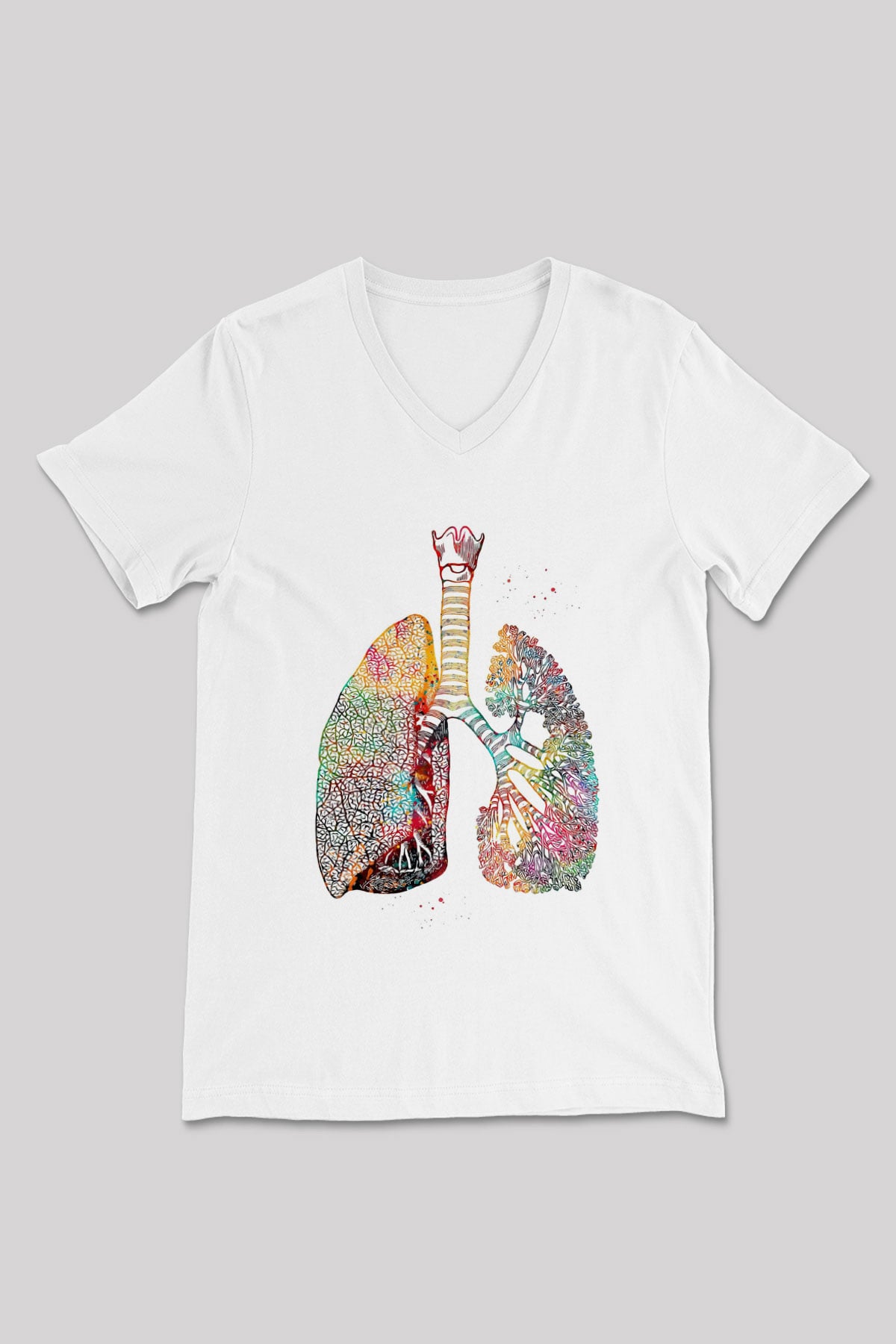 Akciğerler Renkli Baskılı Unisex V Yaka Beyaz Tişört - Tshirt