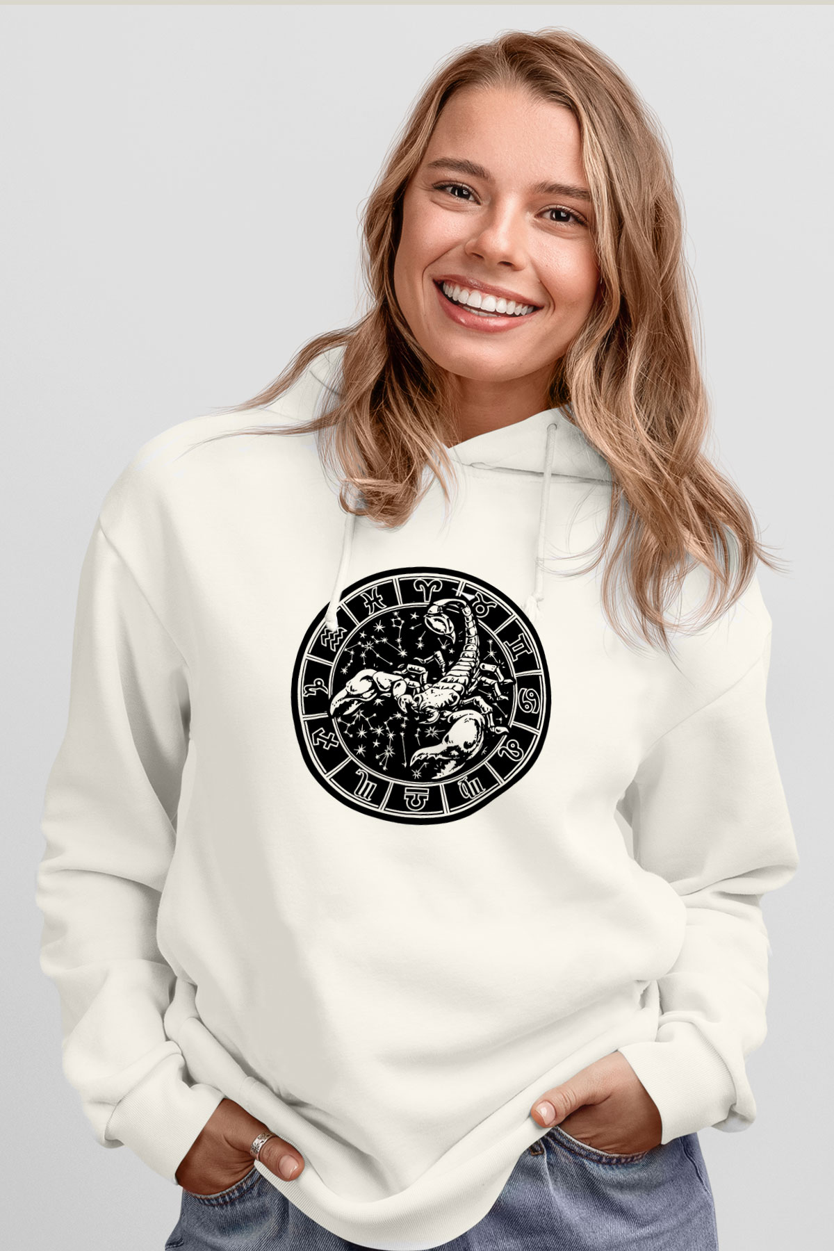Akrep Burcu Baskılı Beyaz Unisex Hoodie