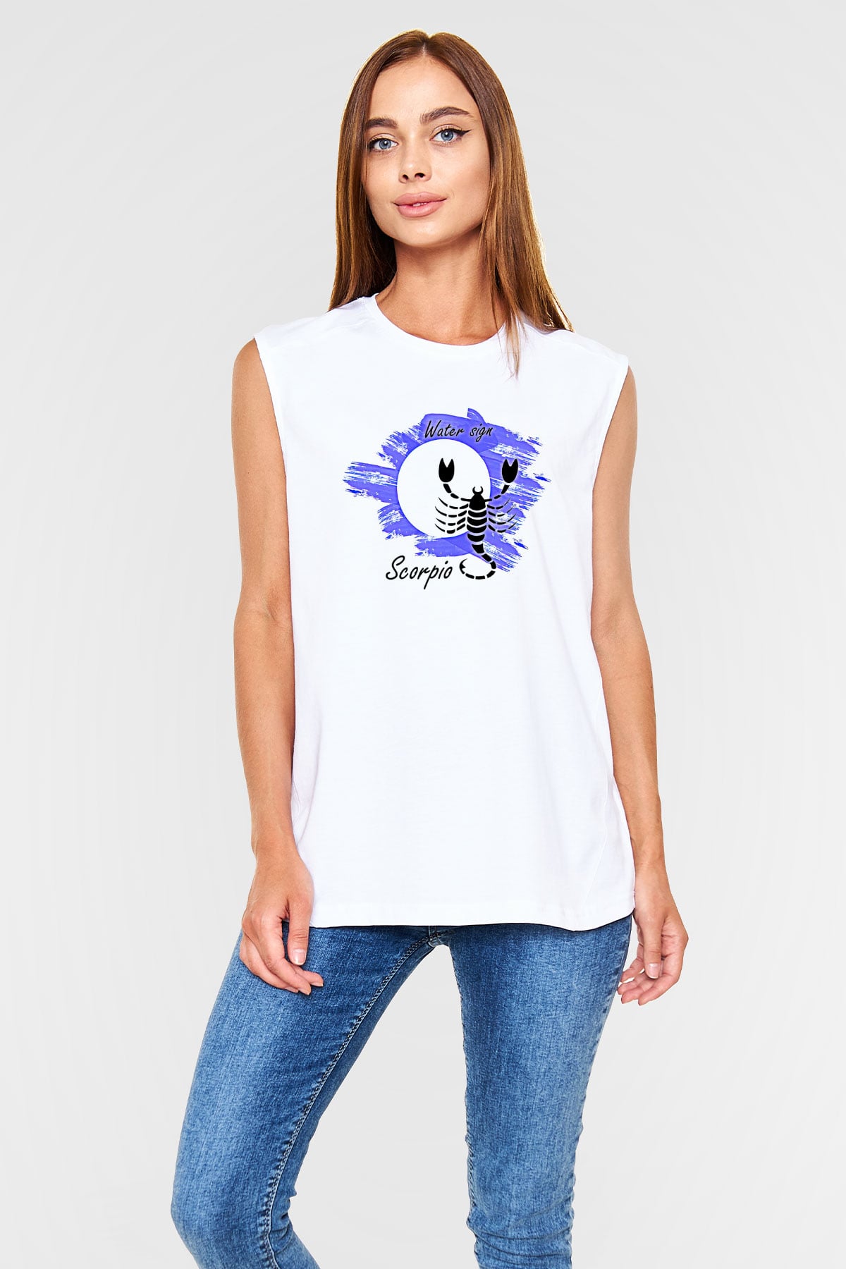 Akrep Burcu Baskılı Beyaz Unisex Kolsuz Tişört - Tshirt