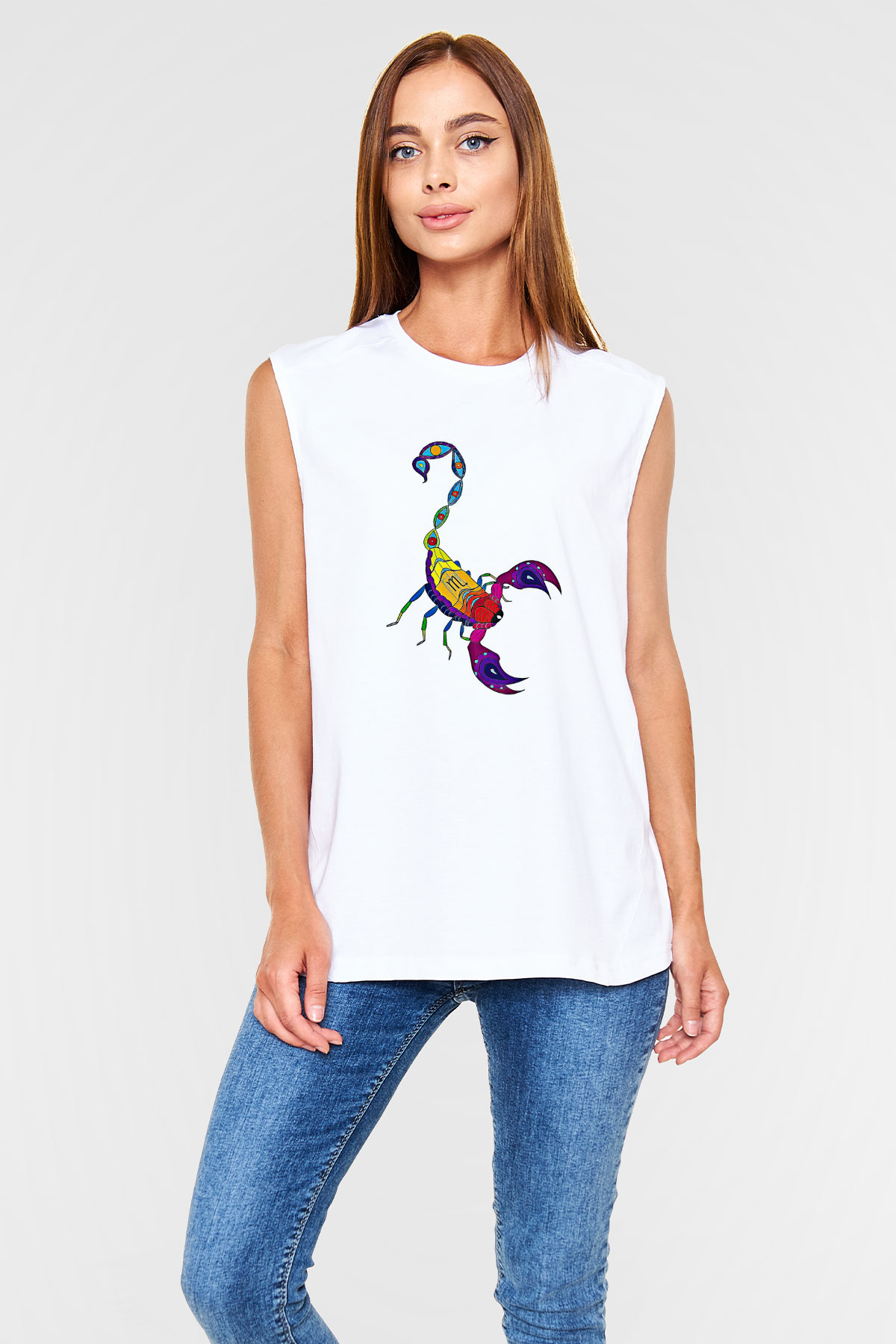 Akrep Burcu Baskılı Beyaz Unisex Kolsuz Tişört - Tshirt