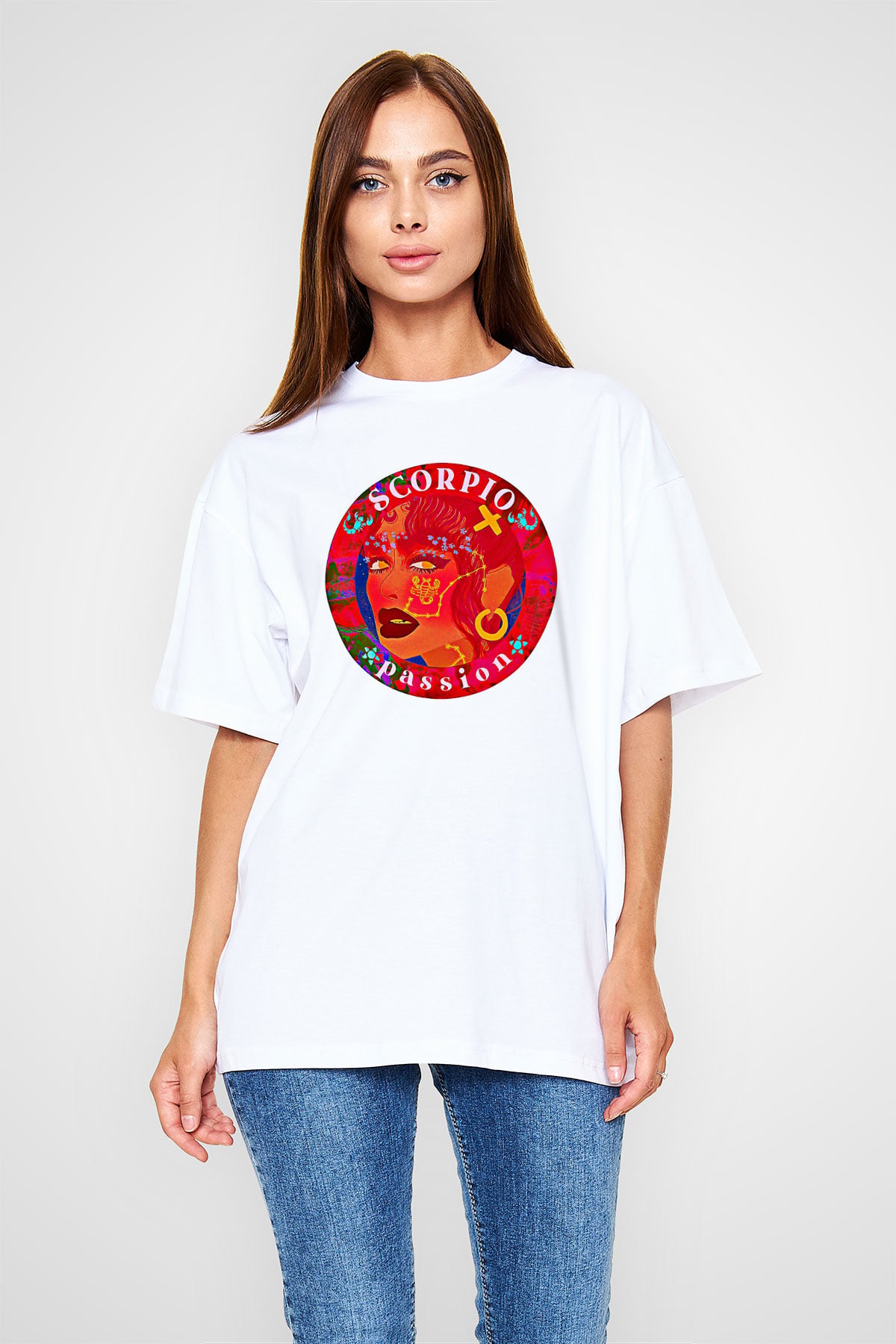 Akrep Burcu Baskılı Beyaz Unisex Oversize Tişört - Tshirt