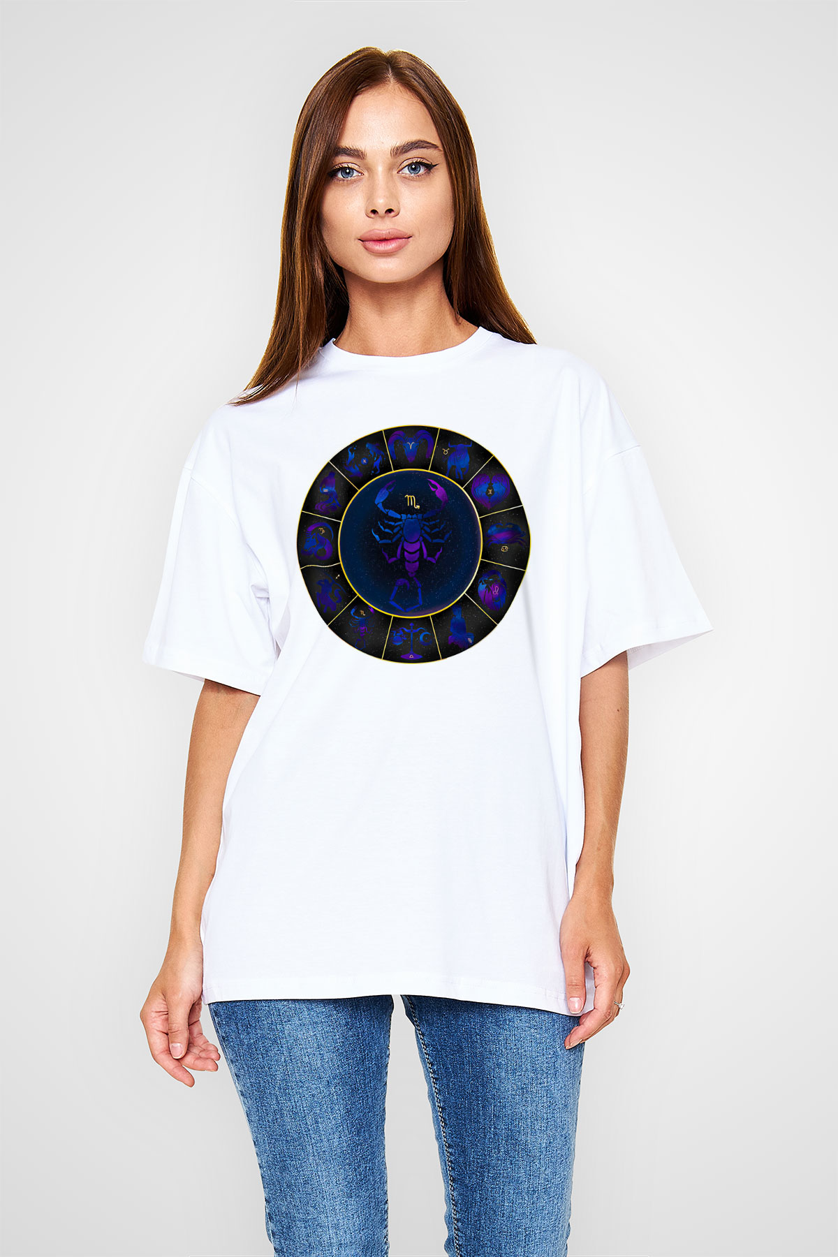 Akrep Burcu Baskılı Beyaz Unisex Oversize Tişört - Tshirt