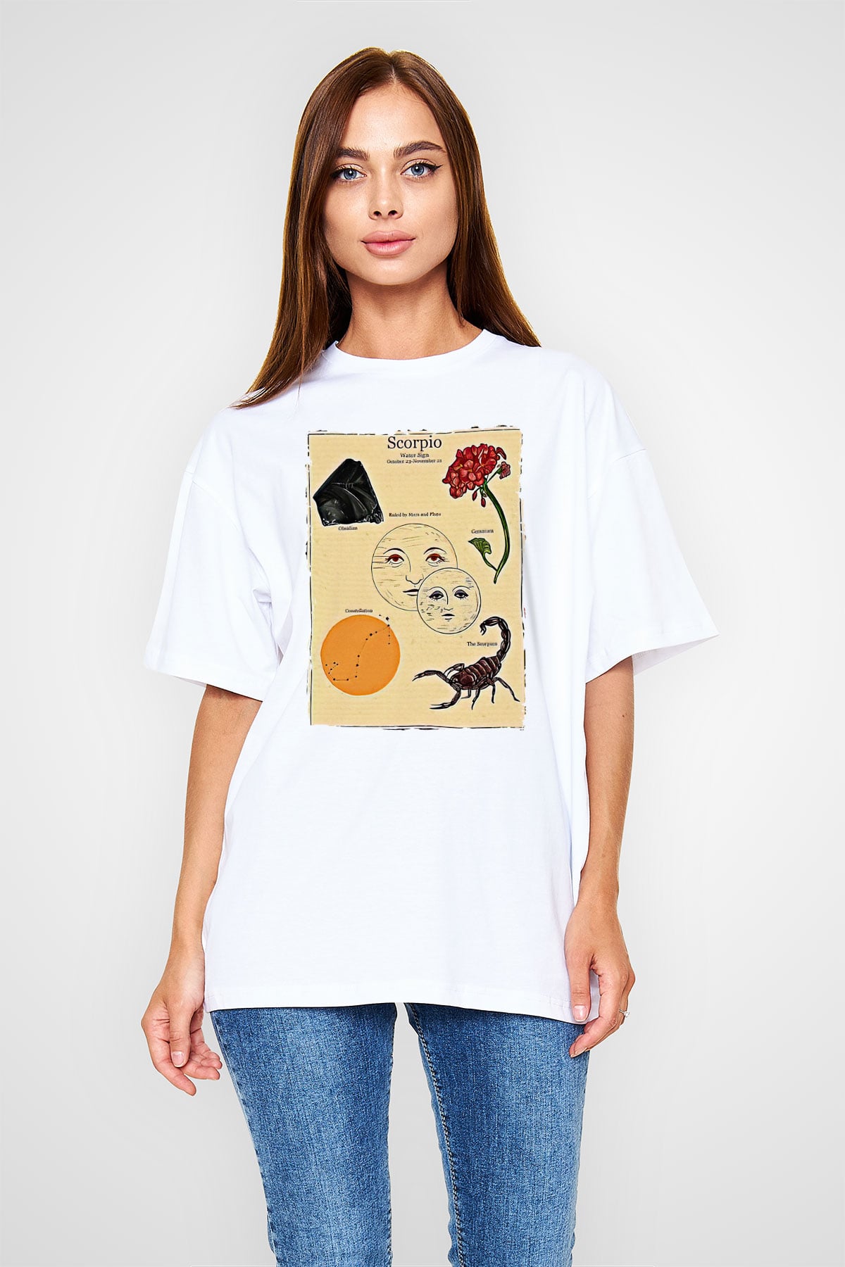 Akrep Burcu Baskılı Beyaz Unisex Oversize Tişört - Tshirt