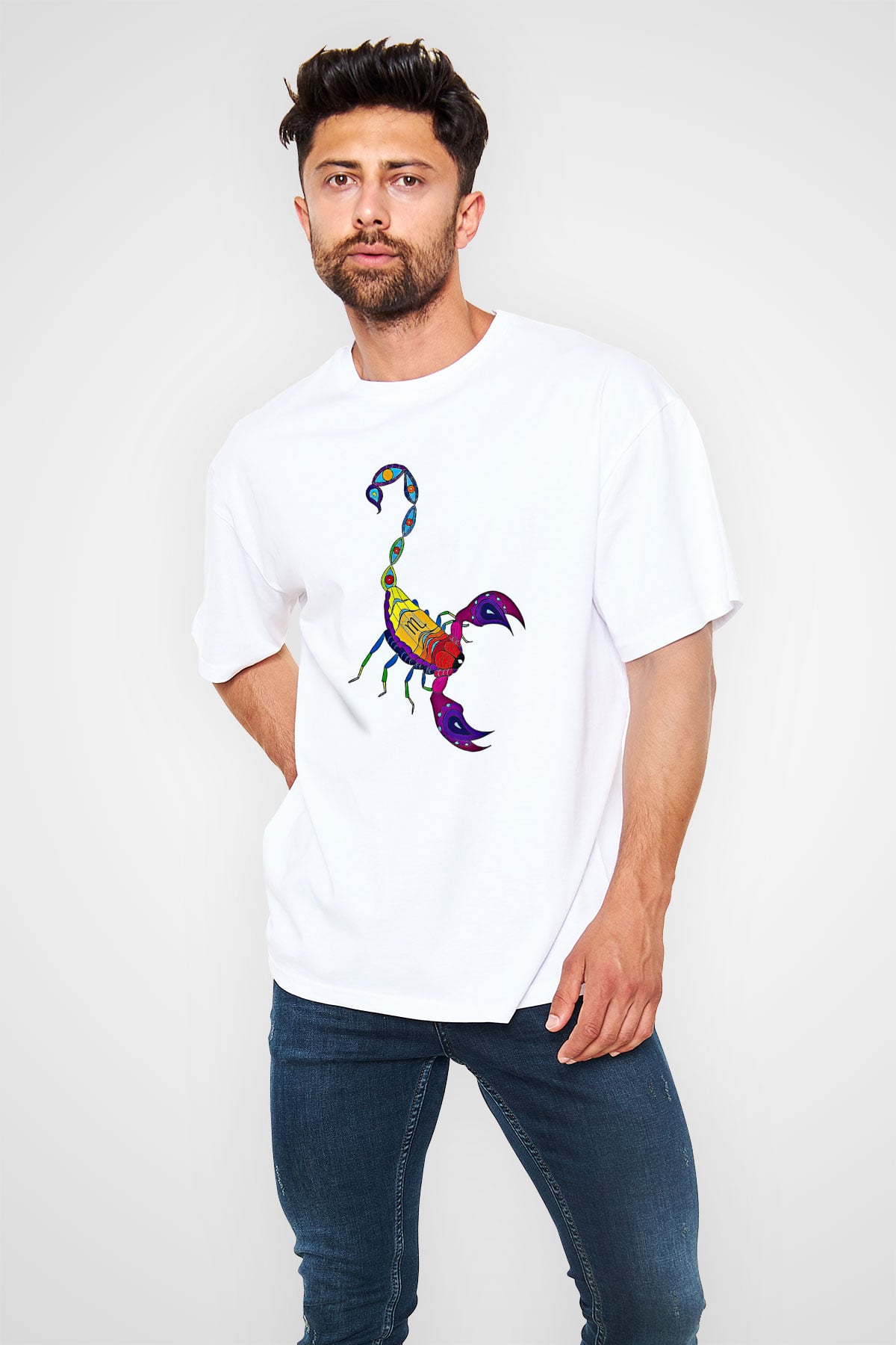Akrep Burcu Baskılı Beyaz Unisex Oversize Tişört - Tshirt
