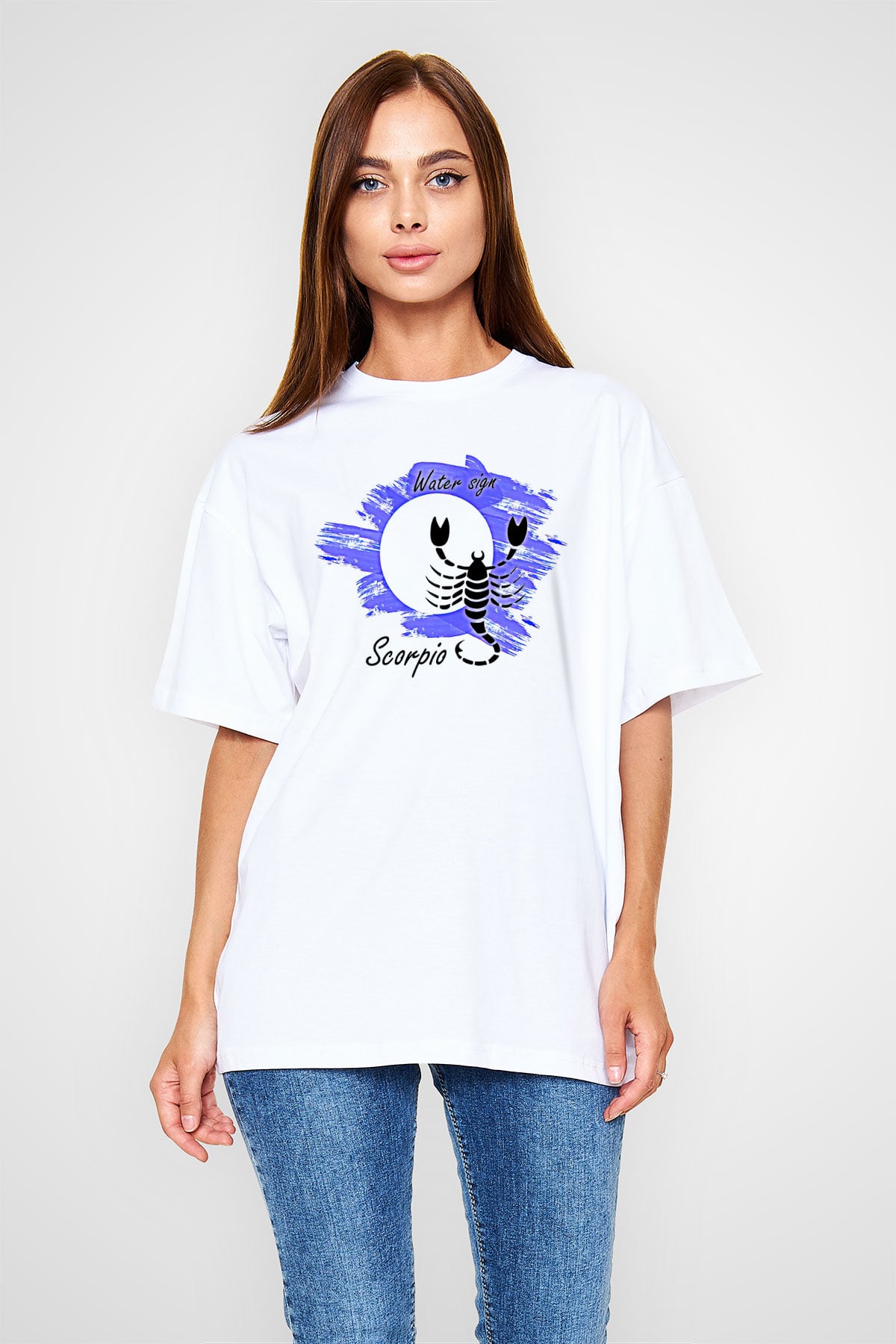 Akrep Burcu Baskılı Beyaz Unisex Oversize Tişört - Tshirt