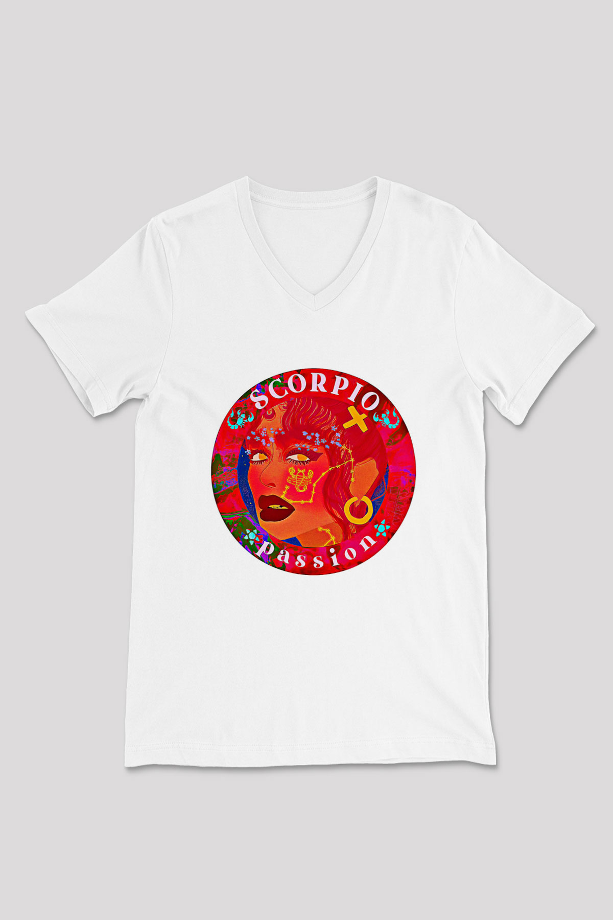 Akrep Burcu Baskılı Beyaz Unisex V Yaka Tişört - Tshirt
