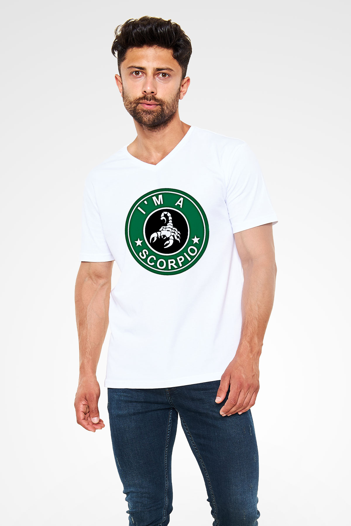 Akrep Burcu Baskılı Beyaz Unisex V Yaka Tişört - Tshirt